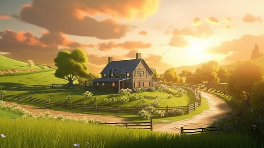 快乐的太阳背景图片_迷人的乡村农场，3D 插图中迷人的阳光