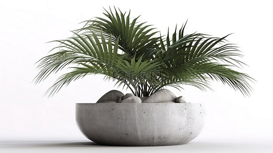 叶子盆栽背景图片_白色背景上带有 3d 渲染棕榈树的混凝土花盆