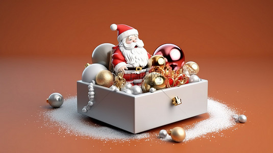 圣诞老人和圣诞节装饰品在节日礼品盒 3d 渲染圣诞快乐和新年快乐