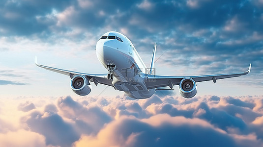 冬季旅行背景图片_3D 渲染概念与飞机在云层中高飞
