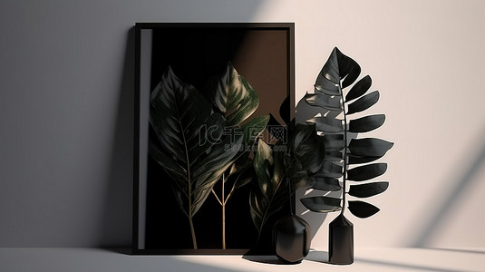 垂直坐标背景图片_哑光黑色垂直海报框架模型，白墙背景上有阳光和树叶阴影，以 3D 渲染