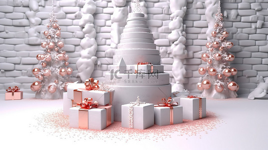 圣诞快乐铃铛背景图片_圣诞讲台上装饰着 3D 铃铛礼品盒和雪花