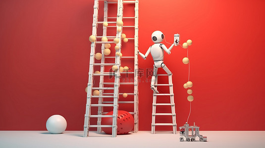机器人爬到顶部用红色梯子和灯泡创意概念的 3D 渲染
