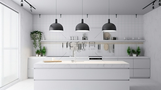 厨房白色背景图片_具有极简主义设计和 3D 渲染照明灯的现代厨房