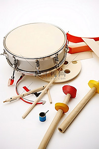 音乐设备背景图片_白色的表面上铺着一个小编钟鼓和其他音乐设备