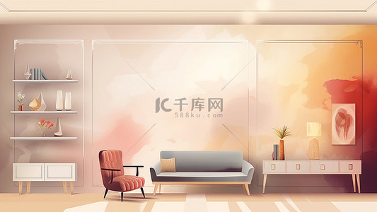 新中式家居背景图片_室内装饰空间水彩