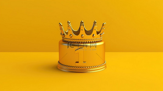 冠军的富丽堂皇的一号金冠位于闪闪发光的地板上，在辐射黄色背景下以 3D 动画呈现
