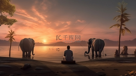 在 3D 渲染中，大象在海滩上欣赏日落时站立的男人