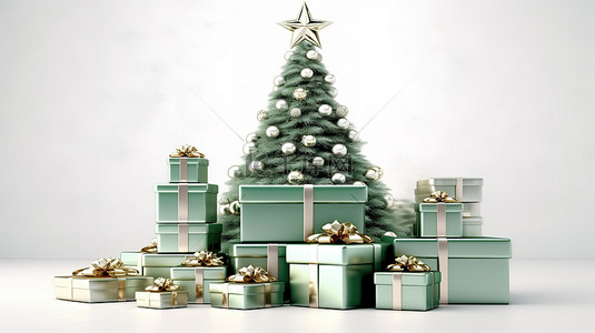 白色圣诞树背景图片_白色背景下的圣诞树和礼品盒的 3D 插图
