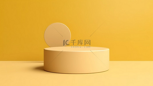 简约的豪华金圆柱讲台在柔和的黄色背景上以顶视图显示，用于产品摄影