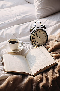 一杯咖啡一本书和床上的一条毯子