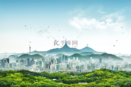 天空与城市背景图片_首尔城市天际线与森林和山脉