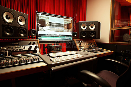 音频专辑背景图片_配有桌面屏幕和鼠标的音频和视频录制工作室