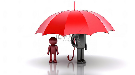 白色背景 3D 人物固定在雨伞下以提供保护