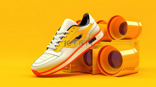 时尚音乐背景背景图片_黄色背景与时尚流行文化图标时髦运动鞋黑胶唱片音频录像带和 3D 眼镜