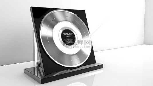 cd光盘背景图片_授予白金或银乙烯基 CD 奖，在白色框架 3d 渲染中带有黑色标签