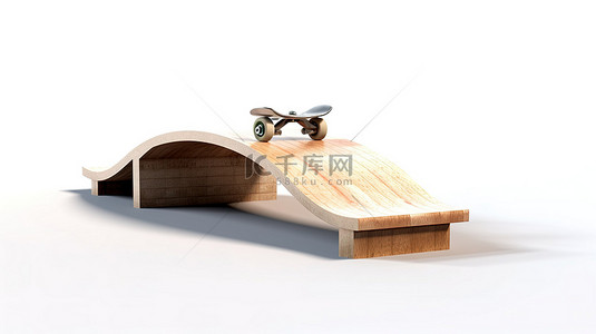 光滑的滑板和木制半管坡道在白色背景上进行 3D 渲染