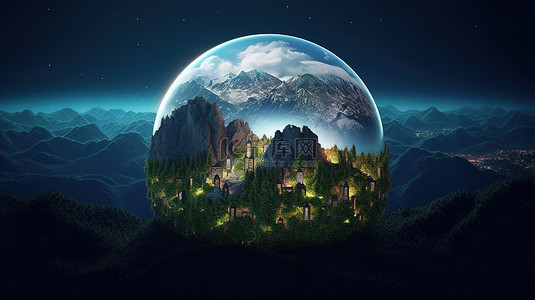 全景城市背景图片_3D 渲染的地球仪，以城市灯光森林和山脉作为令人惊叹的背景壁纸