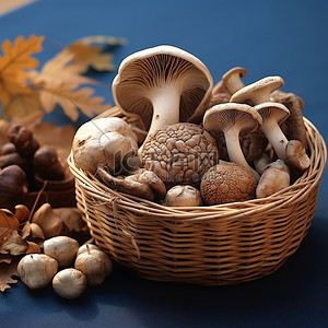 蓝色桌布上篮子里的野生蘑菇