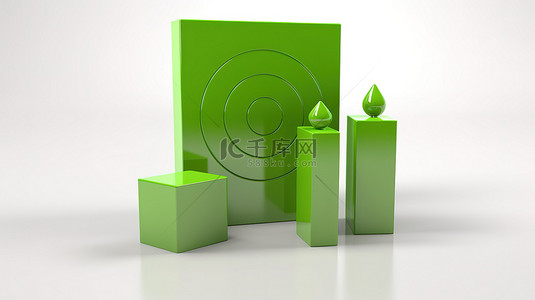 带有目标和三个绿色箭头的方形块的 3D 渲染，用于在白色背景上显示有效的沟通和广告
