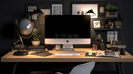 电脑办公桌面背景图片_带电脑用品和 3D 渲染装饰的现代办公桌