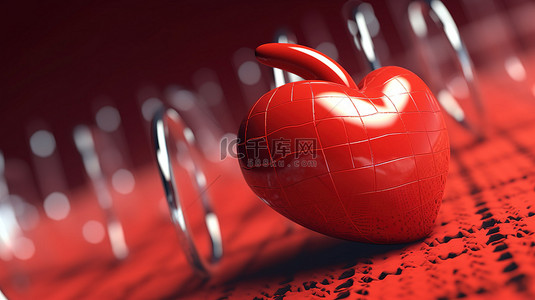 特写心电图背景上红心的强烈 3D 渲染
