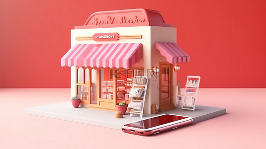 超市商店背景图片_3D 渲染描绘通过商店智能手机在线购物的概念