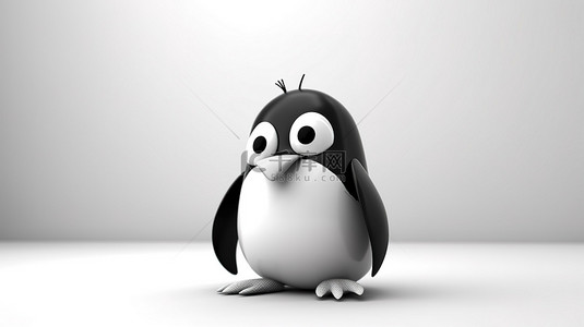 可爱的玩具企鹅在白色背景上渲染的黑白 3D