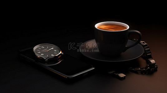 深色背景下带有手机和手表的黑咖啡杯的 3D 插图