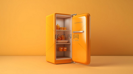 橙色室内房间 3d 图标描绘老式单色金色冰箱