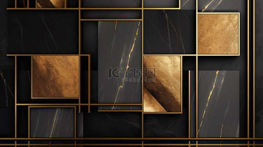 时尚的壁画壁纸闪闪发光的金色线条和豪华的深色大理石背景