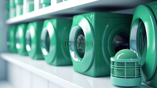 白影背景图片_生态友好的洗衣理念可持续洗衣机，配有 3D 渲染洗涤剂架