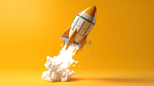 的想法背景图片_黄色背景火箭升空进入太空的 3D 模型