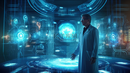 医生听诊器背景图片_医生在未来派 3D 渲染中利用先进的数字医疗界面
