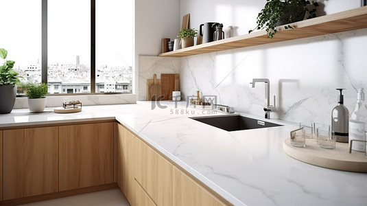 厨房背景图片_现代厨房设计，配有大理石台面白色和木质橱柜水槽和厨具，3D 渲染