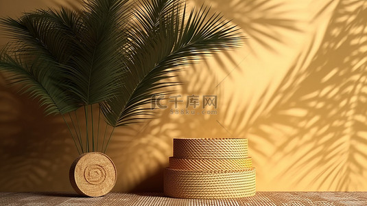 天然化妆品背景背景图片_柳条篮讲台的 3D 渲染，展示天然化妆品，背景中有干棕榈阴影