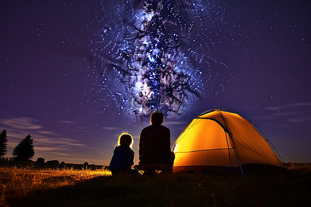 星星夜空背景图片_一个女人和一个男孩坐在星空下的露营地周围