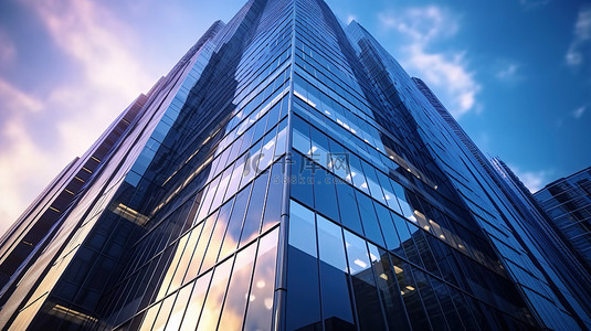 带有玻璃窗的未来派摩天大楼企业办公楼低角度视图3D 渲染