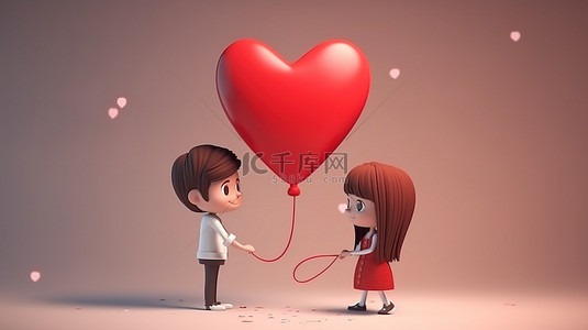 卡通手牵手女孩背景图片_可爱的年轻夫妇深爱着心形气球的 3D 渲染