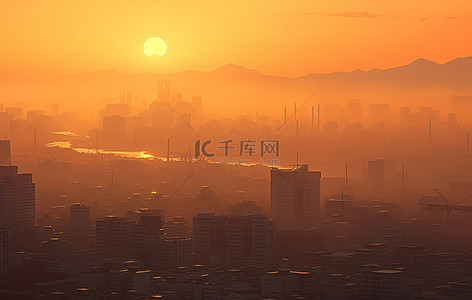 烟雾缭绕的山背景图片_太阳从烟雾缭绕的城市升起