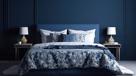 时尚的床，配有蓝色和白色的枕头，映衬着令人惊叹的深蓝色墙壁 3D 渲染图像