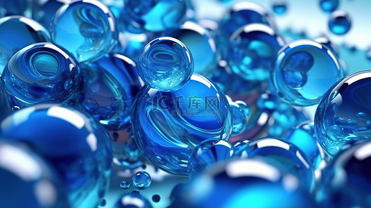 抽象 3D 渲染蓝色液体与落下的蓝色玻璃球