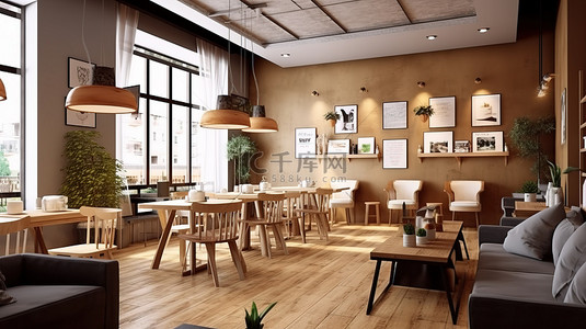 咖啡馆或餐厅作为共同工作空间的 3D 渲染