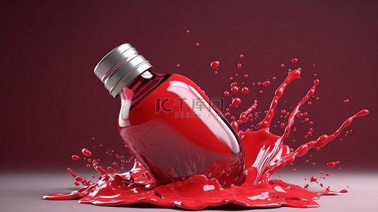 3D 渲染的红色指甲油从瓶子剪切路径中溅出