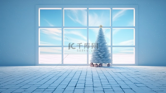 通过打开的蓝色窗口查看 3D 渲染的圣诞树