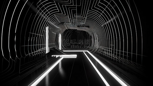 几何产品背景图片_黑色和白色霓虹灯抽象与发光的几何线隧道和虚拟现实场景在黑色讲台上