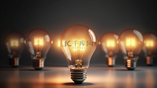 有力量的背景背景图片_发光的 3D 灯泡在灰色背景上的同类中闪耀，象征着领导力创新和伟大的想法