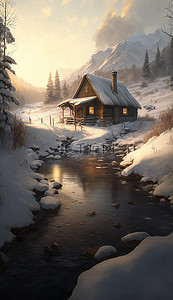 冬季雪地木屋背景