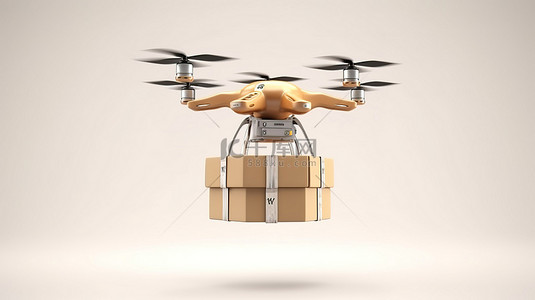 彻底改变航运四轴飞行器无人机在白色背景 3D 渲染上运送包裹
