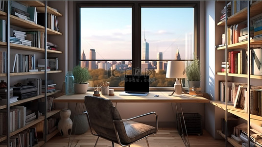 家庭办公空间的 3D 插图，配有电脑桌办公用品和装饰品